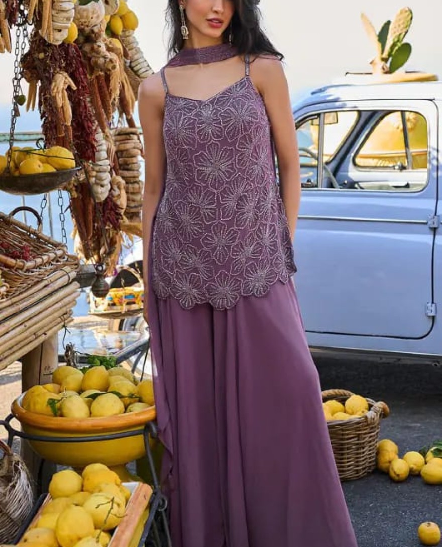 PURPLE - Amethyst Embroidered Georgette Designer Suit
